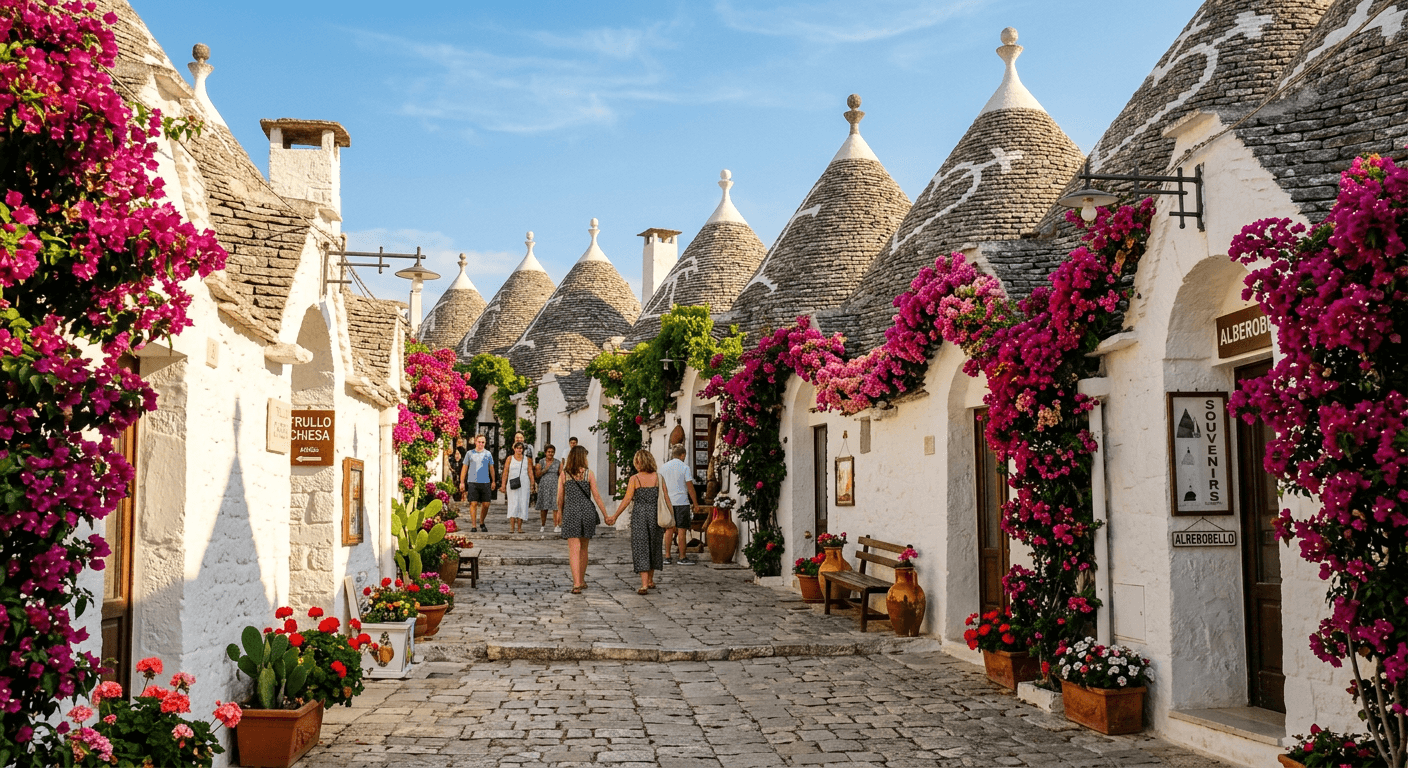 Street in Alberobello Rione Monti with trulli and bougainvillea